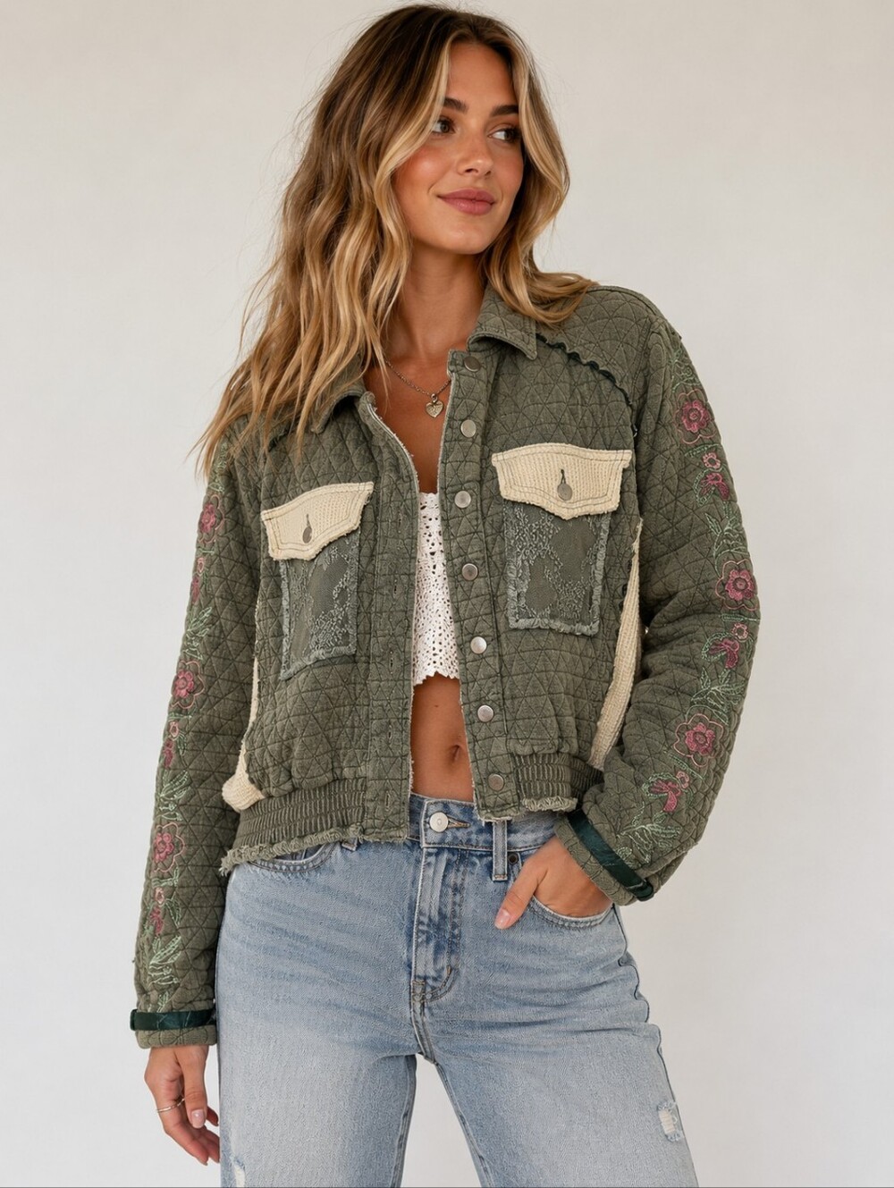 POL Boho Embroidered Patchwork Quilted Cropped Jacket Olive Green Size M